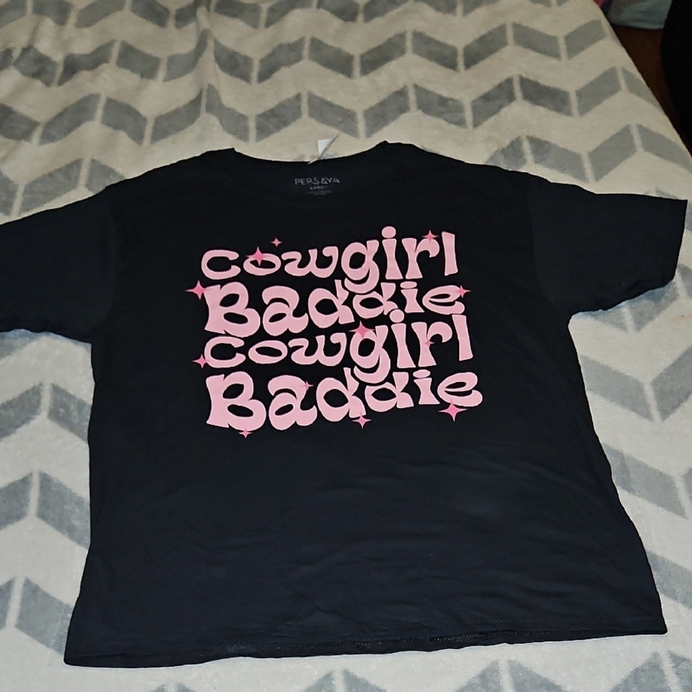 Persaya Womens Black Crew Neck Pink Cowgirl Baddie Glamour Boxy T-Shirt Cotton L